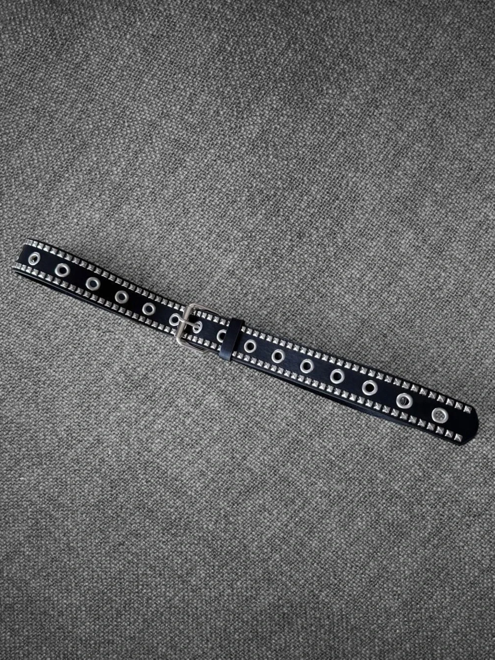 Black Faux Leather Wide Grommet Belt Silver Studded Punk Y2K 44 Inch